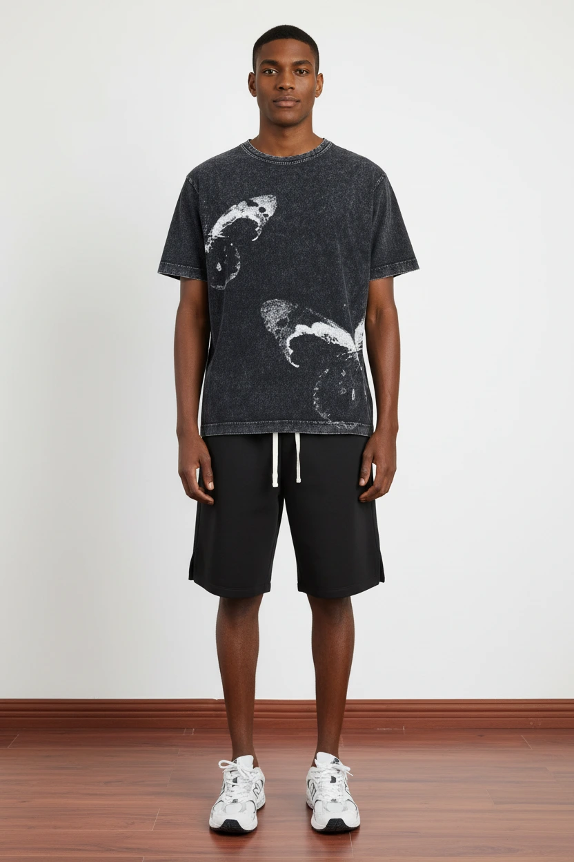 310GSM Butterfly Screen-Print Heavyweight Acid Wash Distressed Vintage Bleach-Style Cotton T-Shirt-AWTS025 1