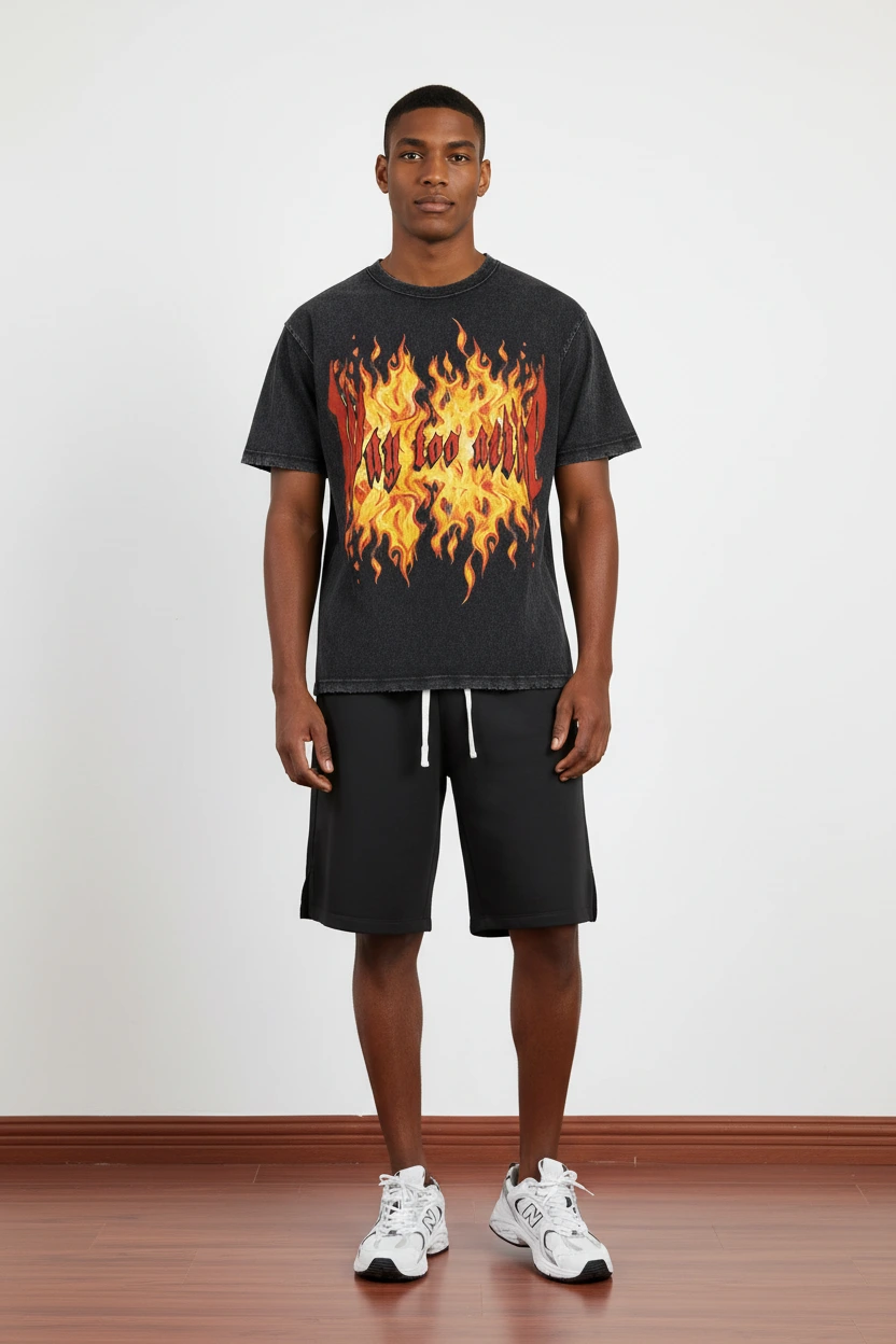 305GSM Heavyweight Distressed Vintage Gradient Screen-Print Flame Graphic Cotton T-Shirt-AWTS024 1