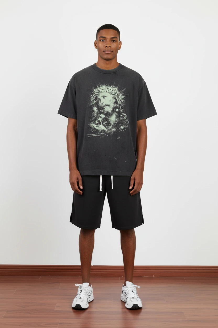 285GSM Jesus Graphic Heavyweight Distressed Cotton Short-Sleeve T-Shirt-AWTS020 1