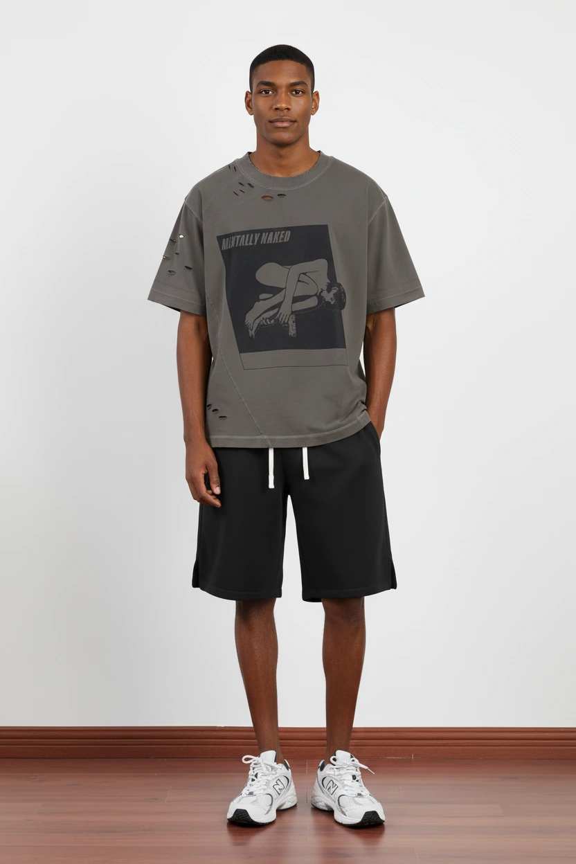 280g Naked Distressed Washed Cotton Oversized Plastisol Print Graphic T-Shirt-AWTS018 1