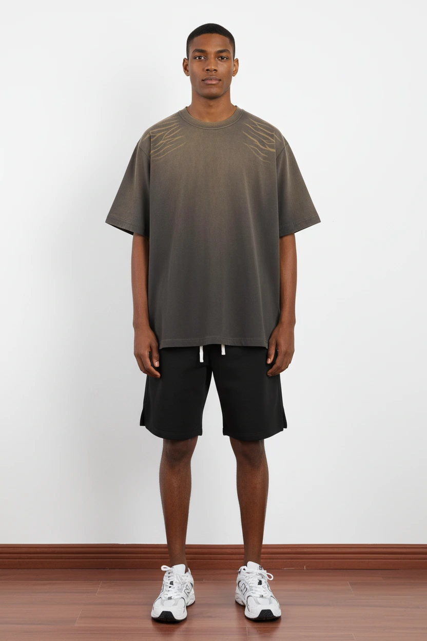 280GSM Heavyweight Taupe Acid Wash Branch-Print Cotton Oversized T-Shirt-AWTS017 1