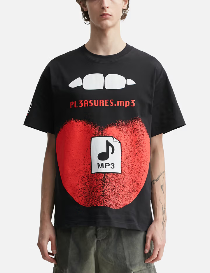 Camiseta de manga curta preta com estampa de pirataria MP3, 280GSM 1
