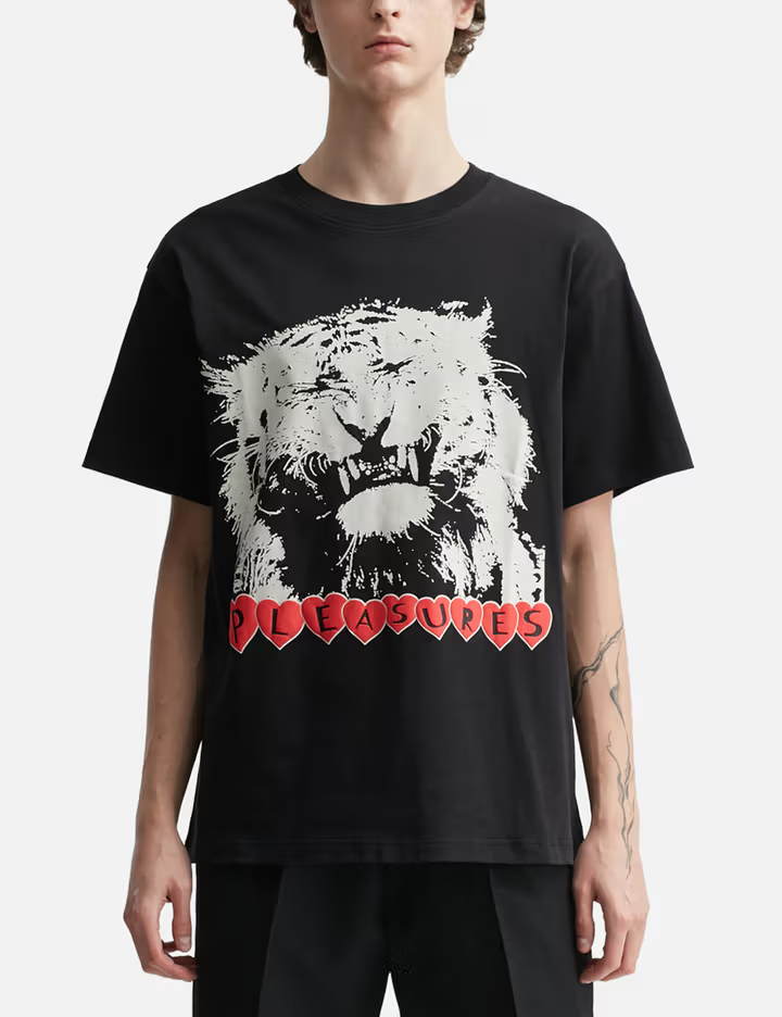 Camiseta de manga curta preta com estampa de tigre sorridente, 280 g/m² 1