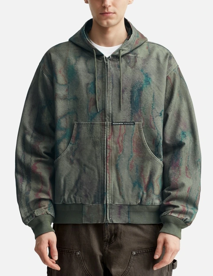 550GSM Blurred Camo Print Heavyweight Cotton Olive Acid-Wash Oversized Zip-Up Hooded Bomber Jacket 1