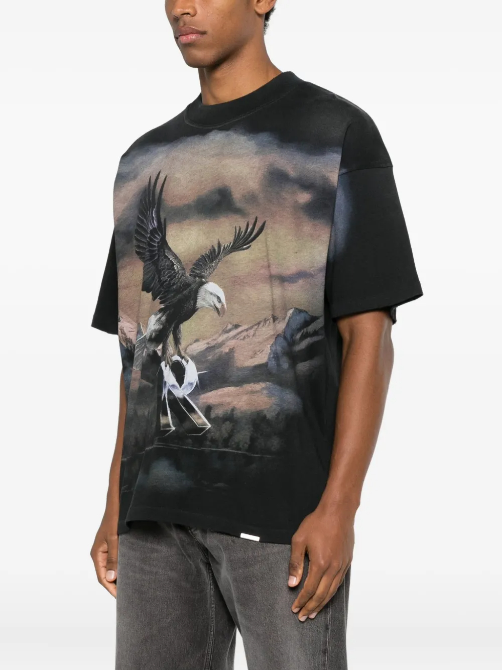 350GSM Men's Black Crewneck Tee with Vintage Eagle Landscape Print 1