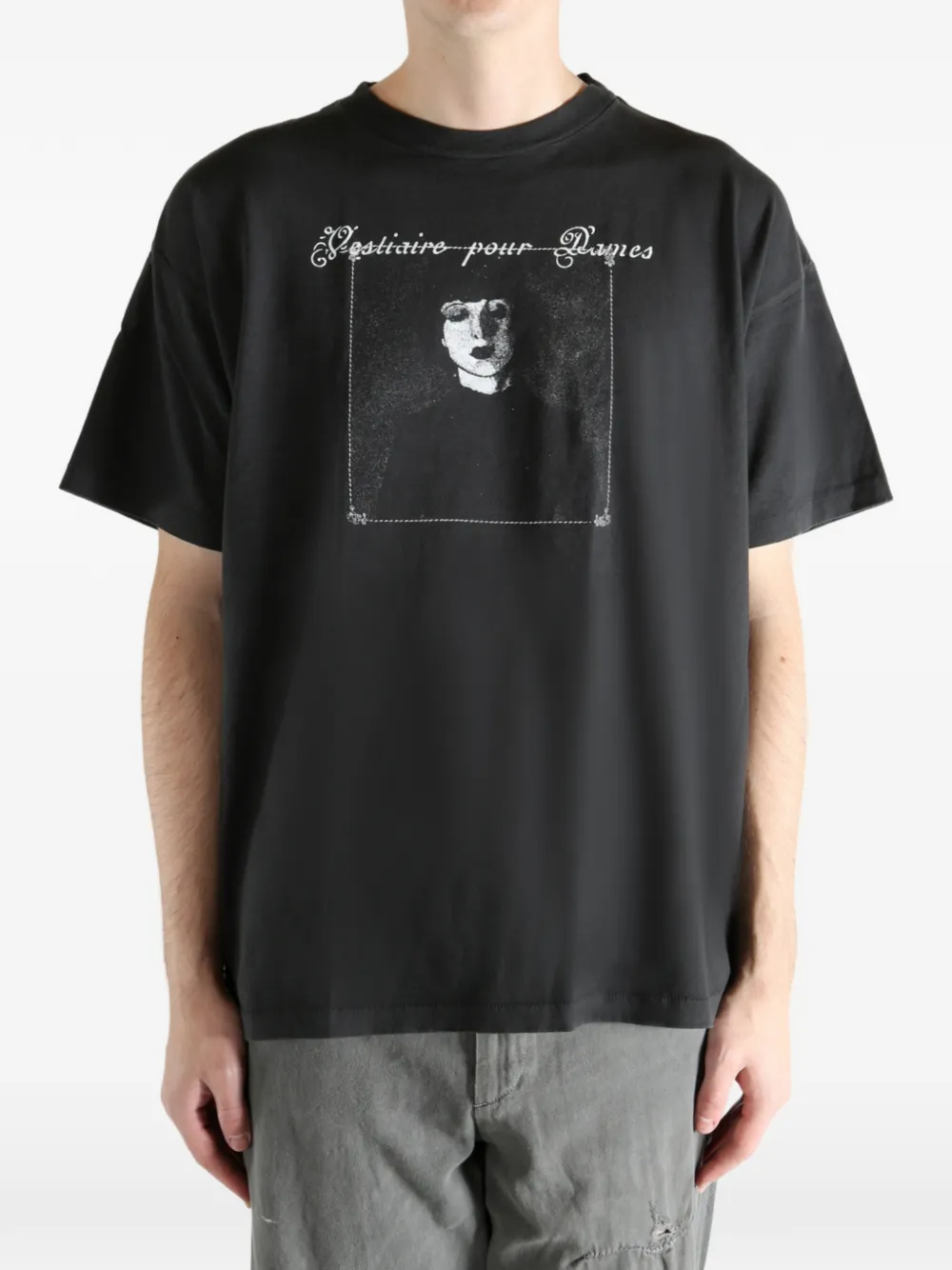 320GSM Men's Oversized Faded Black Tee with French Script & Portrait Print 1