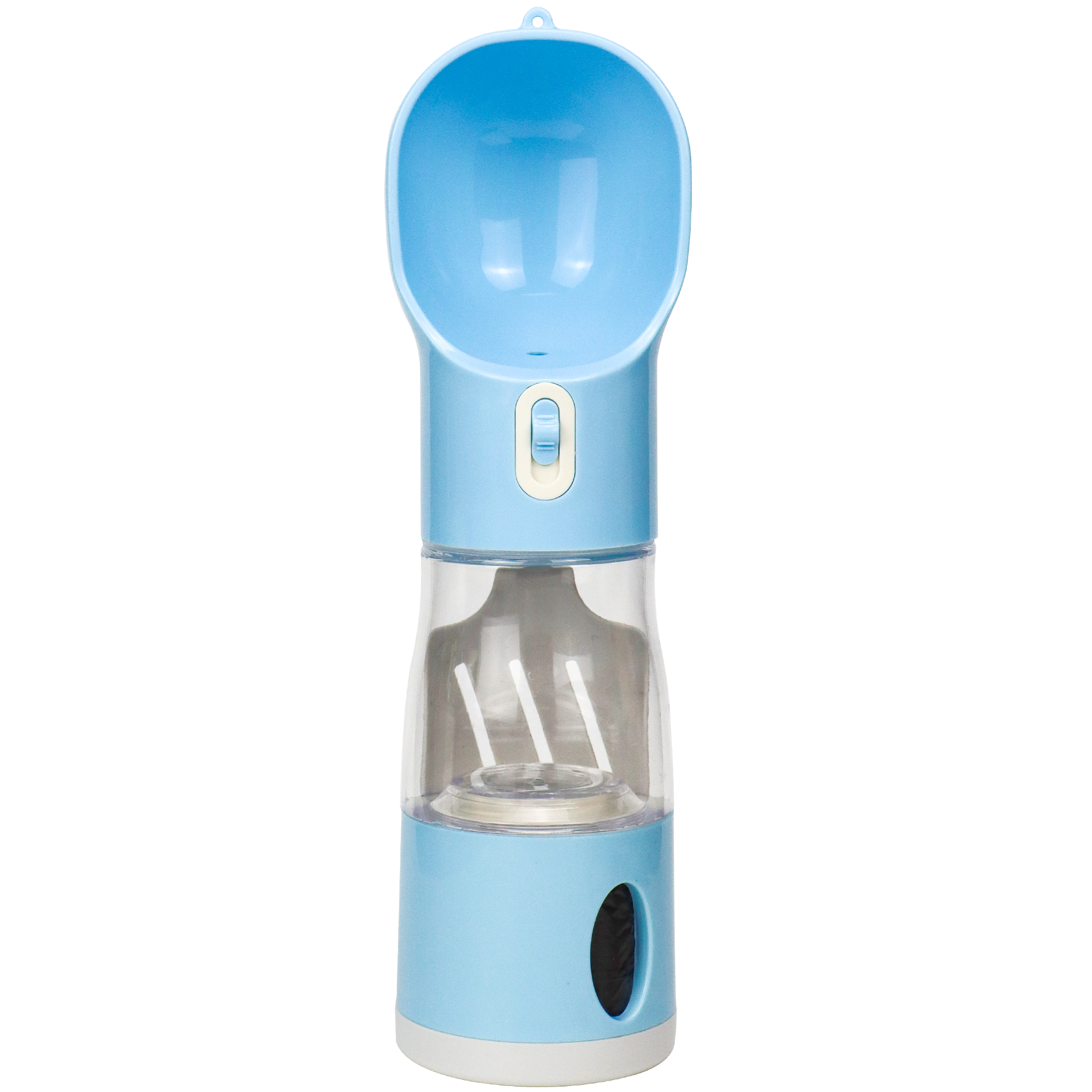 Bouteille de voyage 4 en 1 pour animaux de compagnie : bouteille d'eau et de nourriture portable en plastique pour chien avec pelle à déjections et sacs inclus. 2