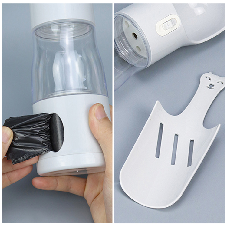 Bouteille de voyage 4 en 1 pour animaux de compagnie : bouteille d'eau et de nourriture portable en plastique pour chien avec pelle à déjections et sacs inclus. 4