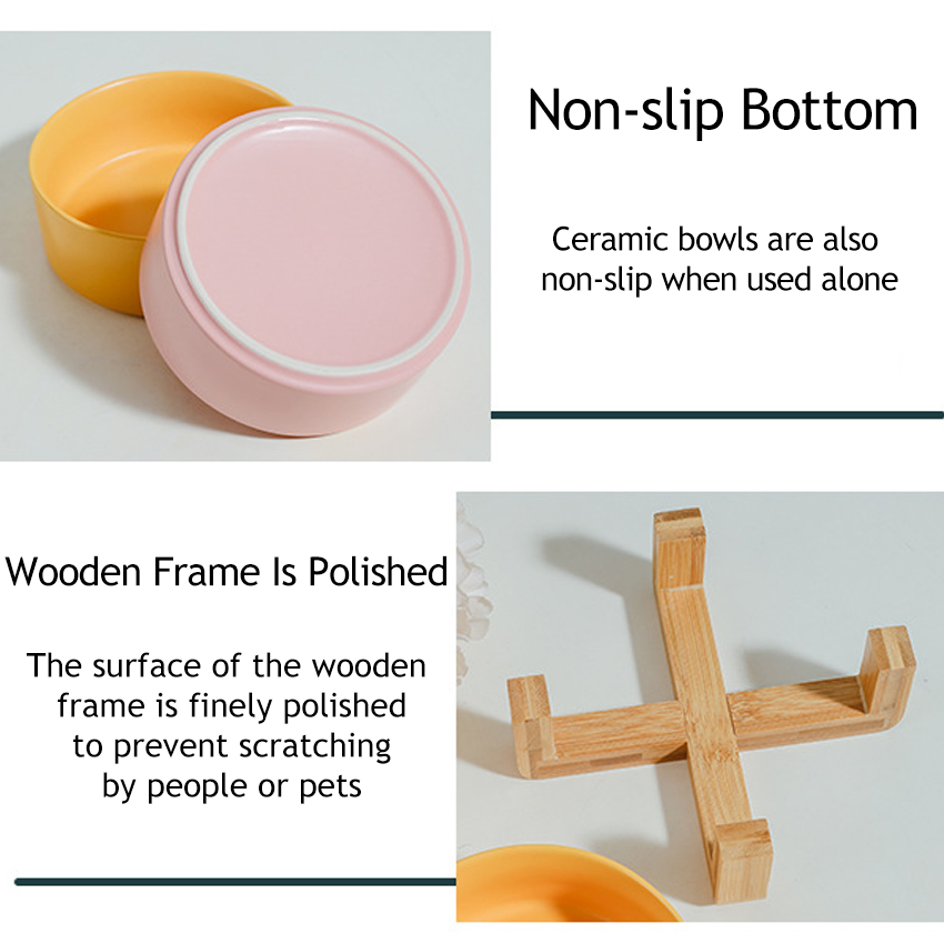 Raised Dog Food Water Bowl Set Puppy Ceramic Elevated Pet Bowl with Wood Stand Non-Slip White Double Pet Bowls for Dog 12