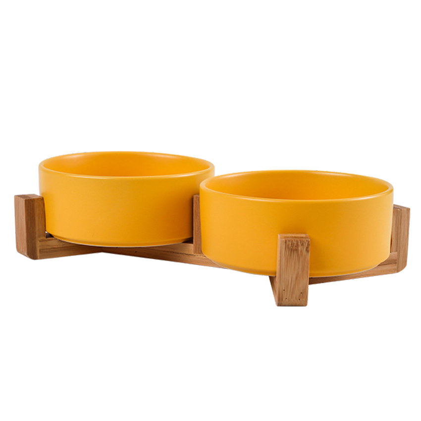 Raised Dog Food Water Bowl Set Puppy Ceramic Elevated Pet Bowl with Wood Stand Non-Slip White Double Pet Bowls for Dog 9
