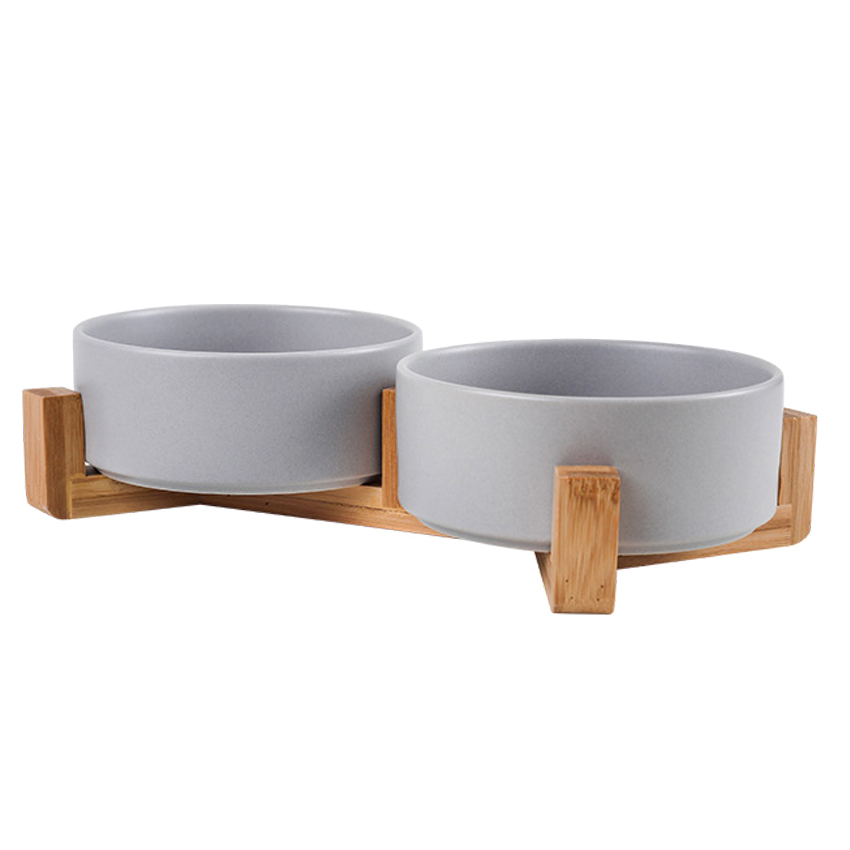 Verhoogde voer- en waterbakset voor honden, keramische voerbak met houten standaard, antislip, wit, dubbele voerbak voor honden 3