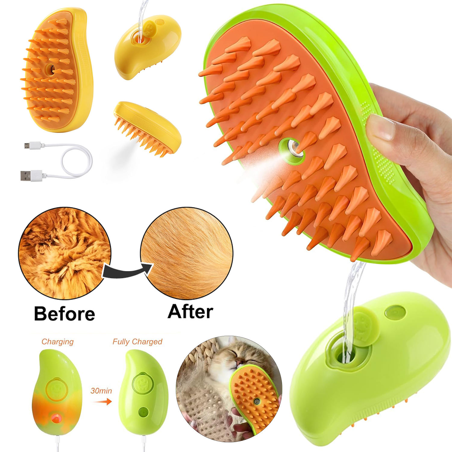 Brosse vapeur rechargeable USB 3 en 1 pour chats et chiens - Brosse à spray pour démêler et éliminer les poils morts - Idée cadeau de Noël pour animaux 1