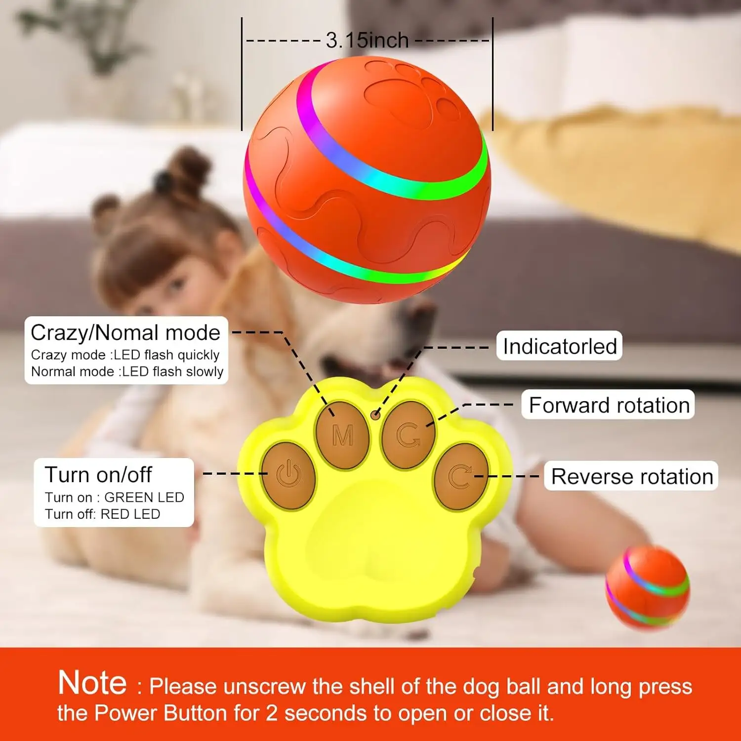 Remote Control Rechargeable Self Rolling Ball Interactive Dog Toy with LED Lights 5