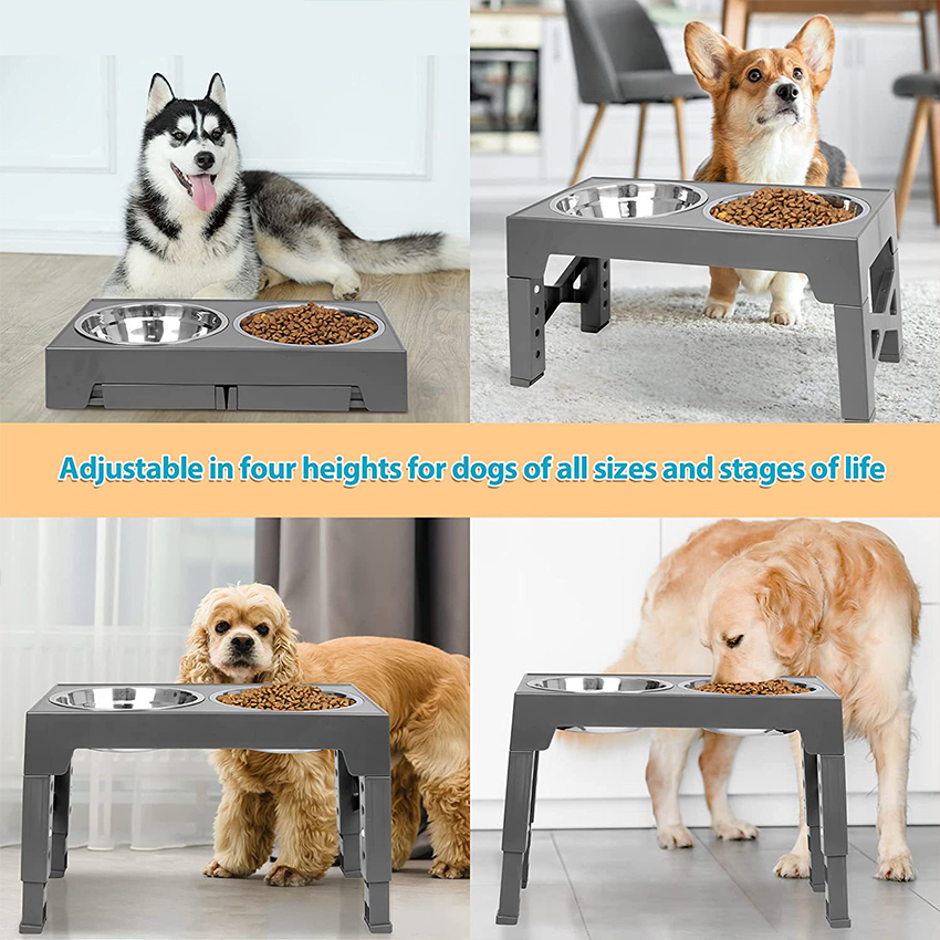 Adjustable Stainless Steel Dog Bowl , Raised Pet Bowl Can Adjust Height 14