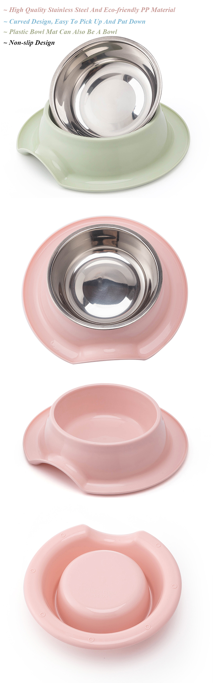 ROADREIGN - High Quality Round Stainless Steel Dog Bowl With Non-Slip Plastic Mat Pet Bowls 10