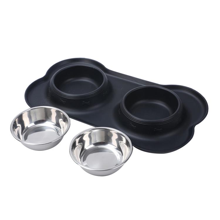 ROADREIGN - Double Pet Food Bowls Foldable Stainless Steel Dog Bowls With Silicone Mat Pet Bowls 2