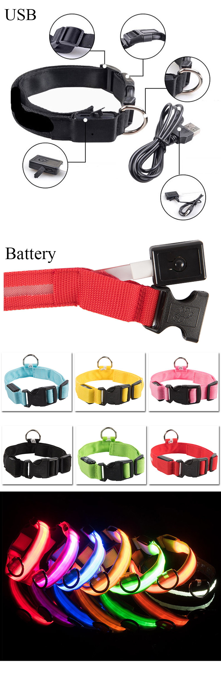 Wholesale Polyester Night Reflection Led Light Dog Collar