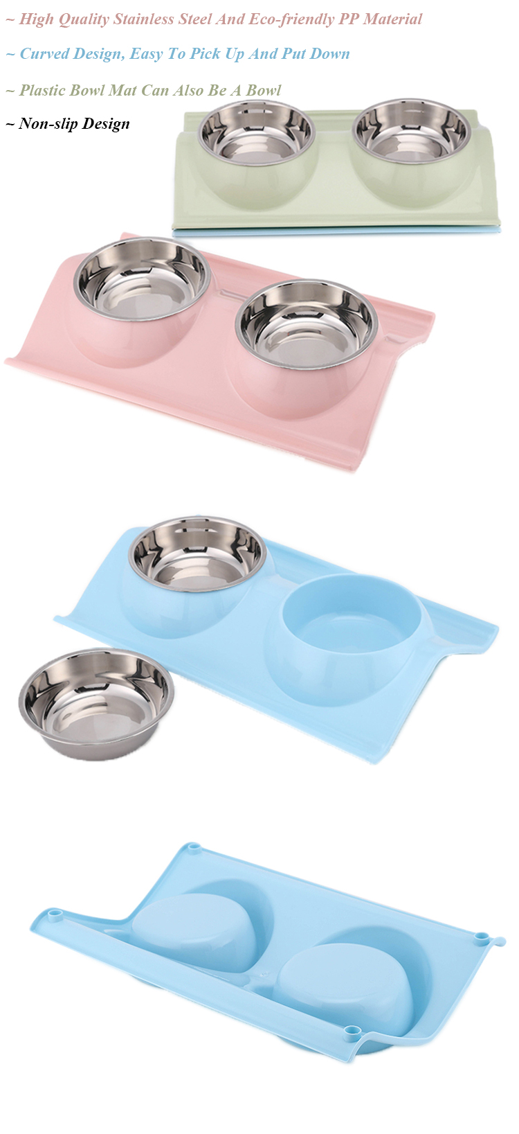 ROADREIGN - Hot Selling Double Stainless Steel Elevated Raised Pet Bowl With Plastic Bowl Mat Pet Bowls 10