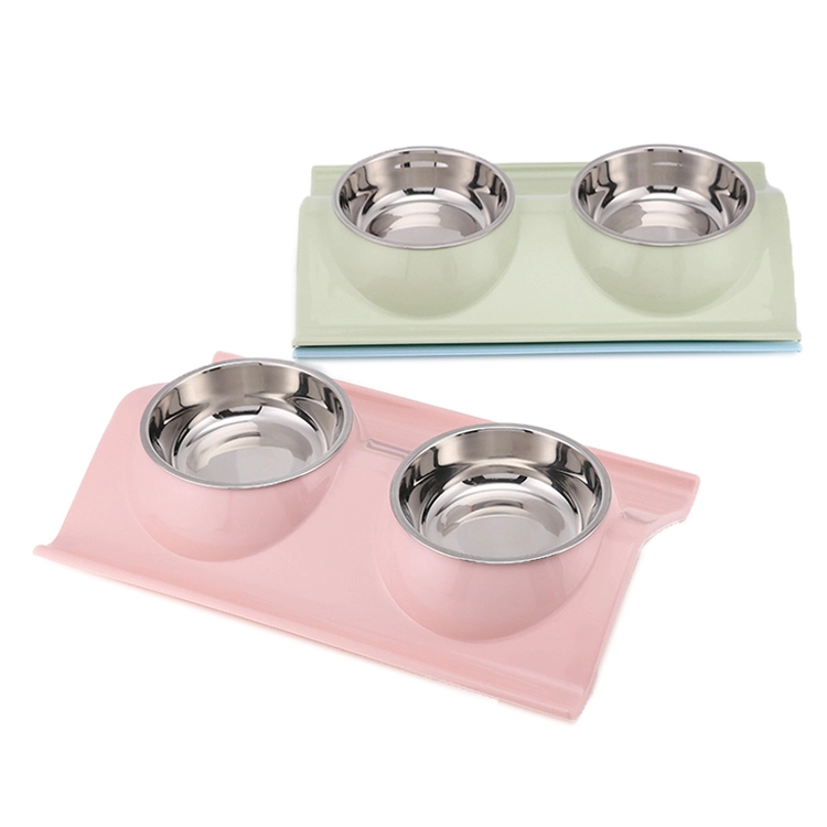 ROADREIGN - Hot Selling Double Stainless Steel Elevated Raised Pet Bowl With Plastic Bowl Mat Pet Bowls 1