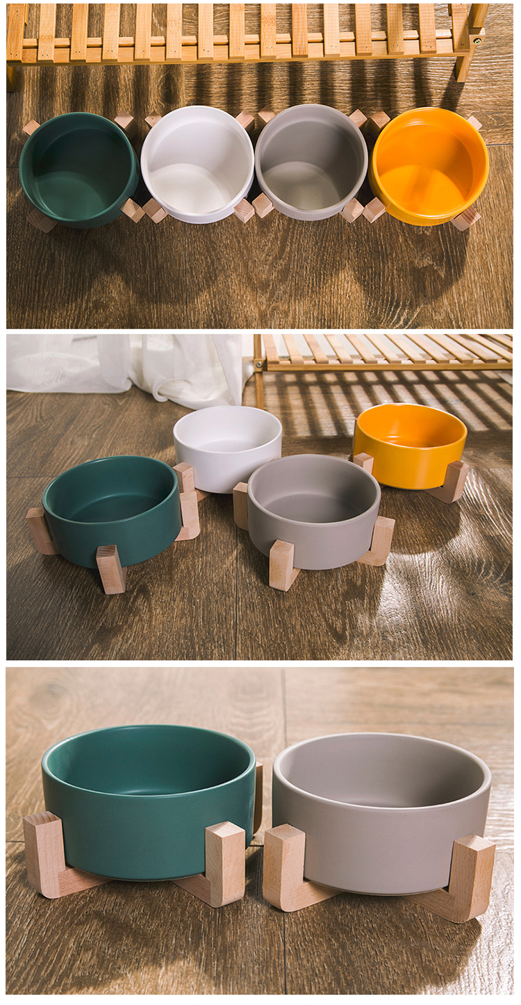 Raised Pet Food And Water Bowl, Ceramic Dog Bowl Set with Non-Slip Wood Stand