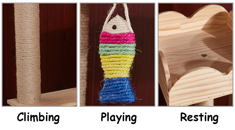 Solid Wood Cat Climbing Tree Toys Scratch Resistant Premium Sisal Cat Post With Pet House Tower