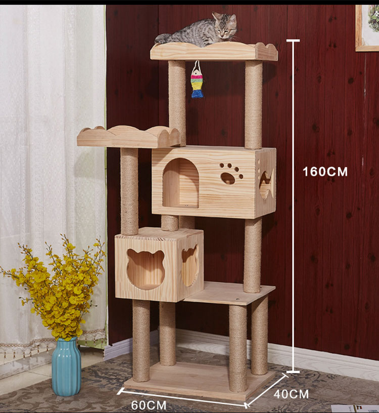 Solid Wood Cat Climbing Tree Toys Scratch Resistant Premium Sisal Cat Post With Pet House Tower