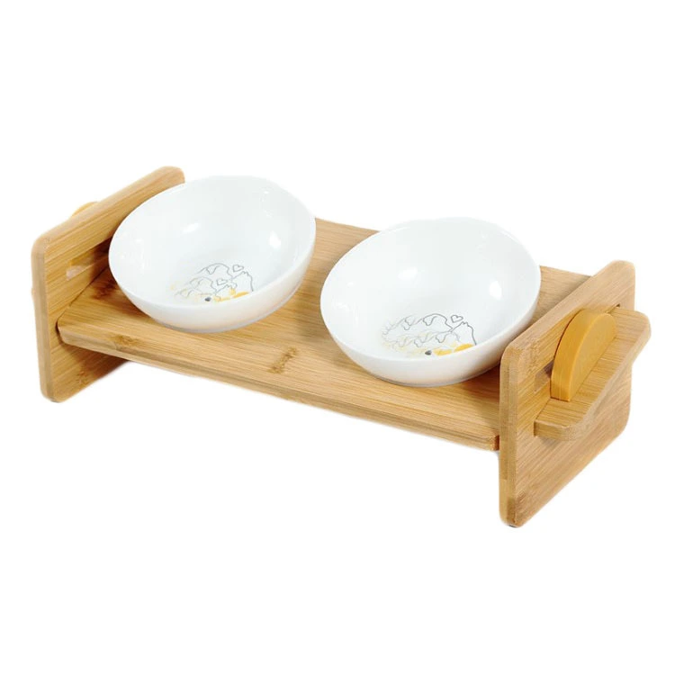 ROADREIGN - Adjustable Tilt Pet Bowl Wooden Stand Ceramic Cat Food Bowls Dog Water Bowl Pet Bowls 1
