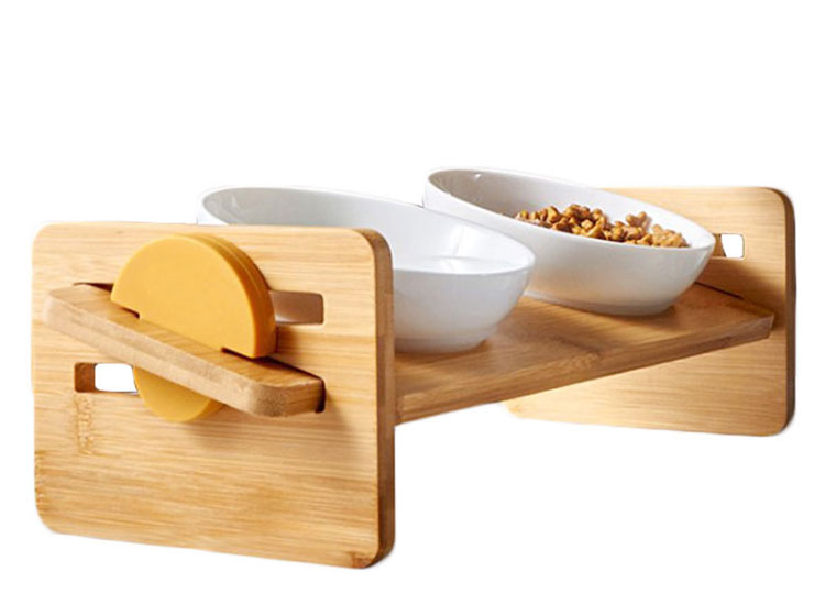 Adjustable Tilt Pet Bowl Wooden Stand Ceramic Cat Food Bowls Dog Water Bowl