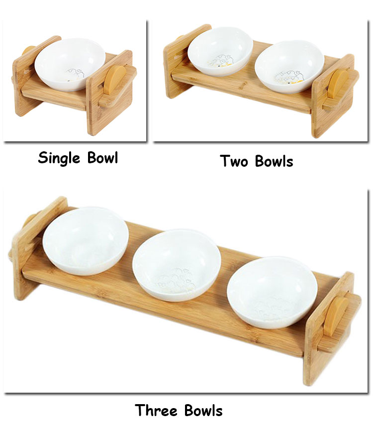 Adjustable Tilt Pet Bowl Wooden Stand Ceramic Cat Food Bowls Dog Water Bowl