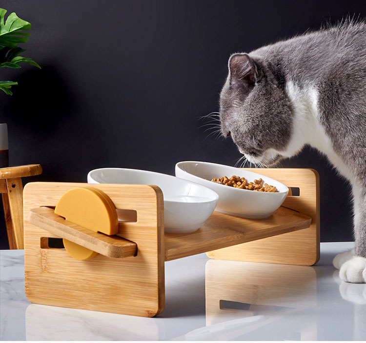 Adjustable Tilt Pet Bowl Wooden Stand Ceramic Cat Food Bowls Dog Water Bowl