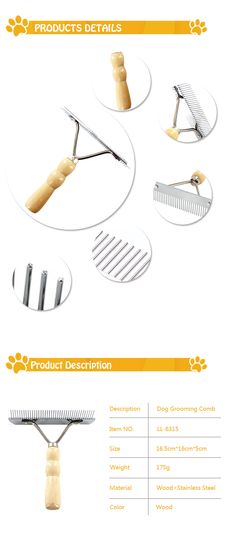 ROADREIGN - Wholesale Wood Steel Dog Grooming Comb Pet Combs 9