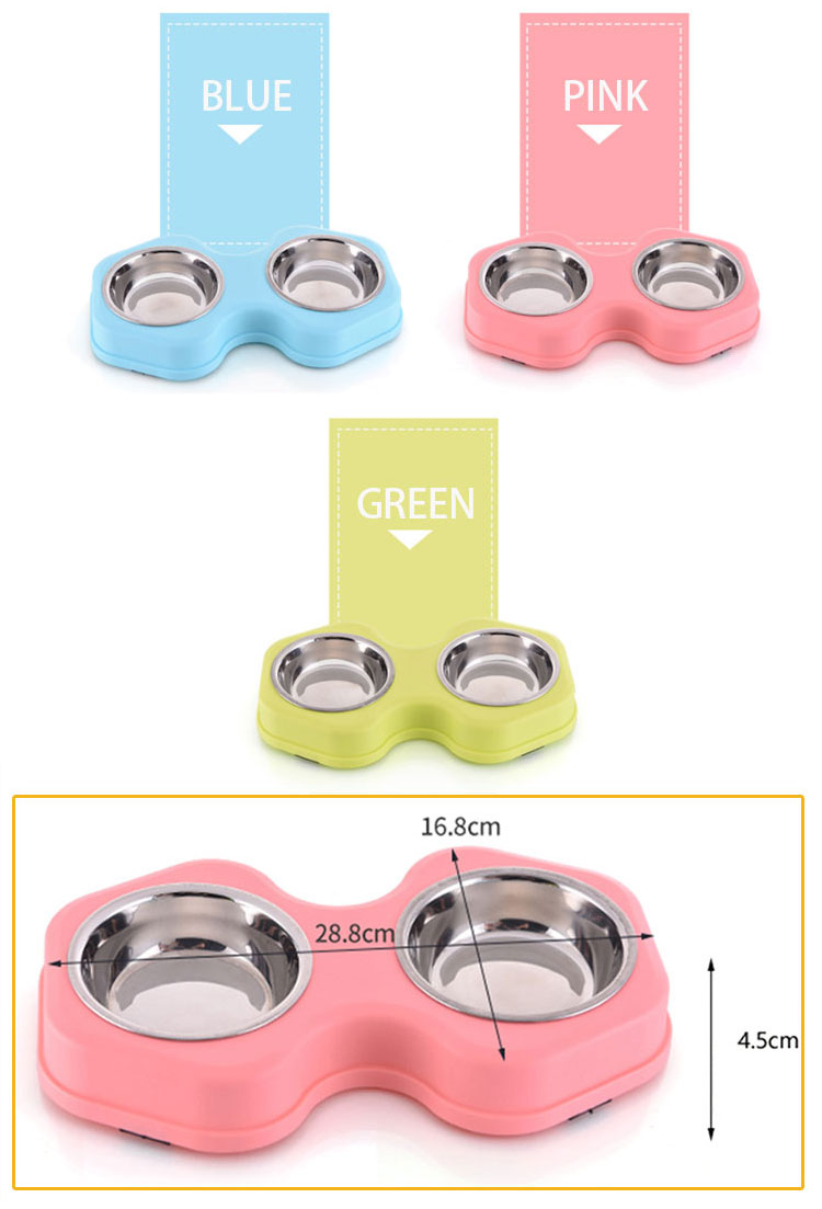 Double Stainless Steel Pet Bowl Plastic Mat Dog Food Feeder Bowl