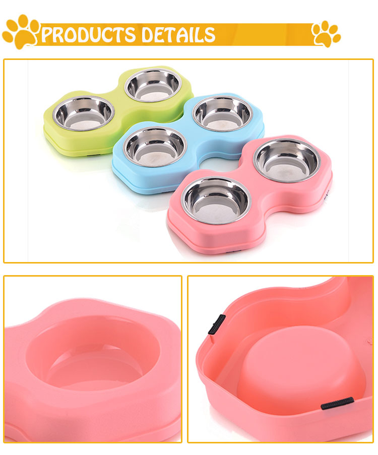 Double Stainless Steel Pet Bowl Plastic Mat Dog Food Feeder Bowl
