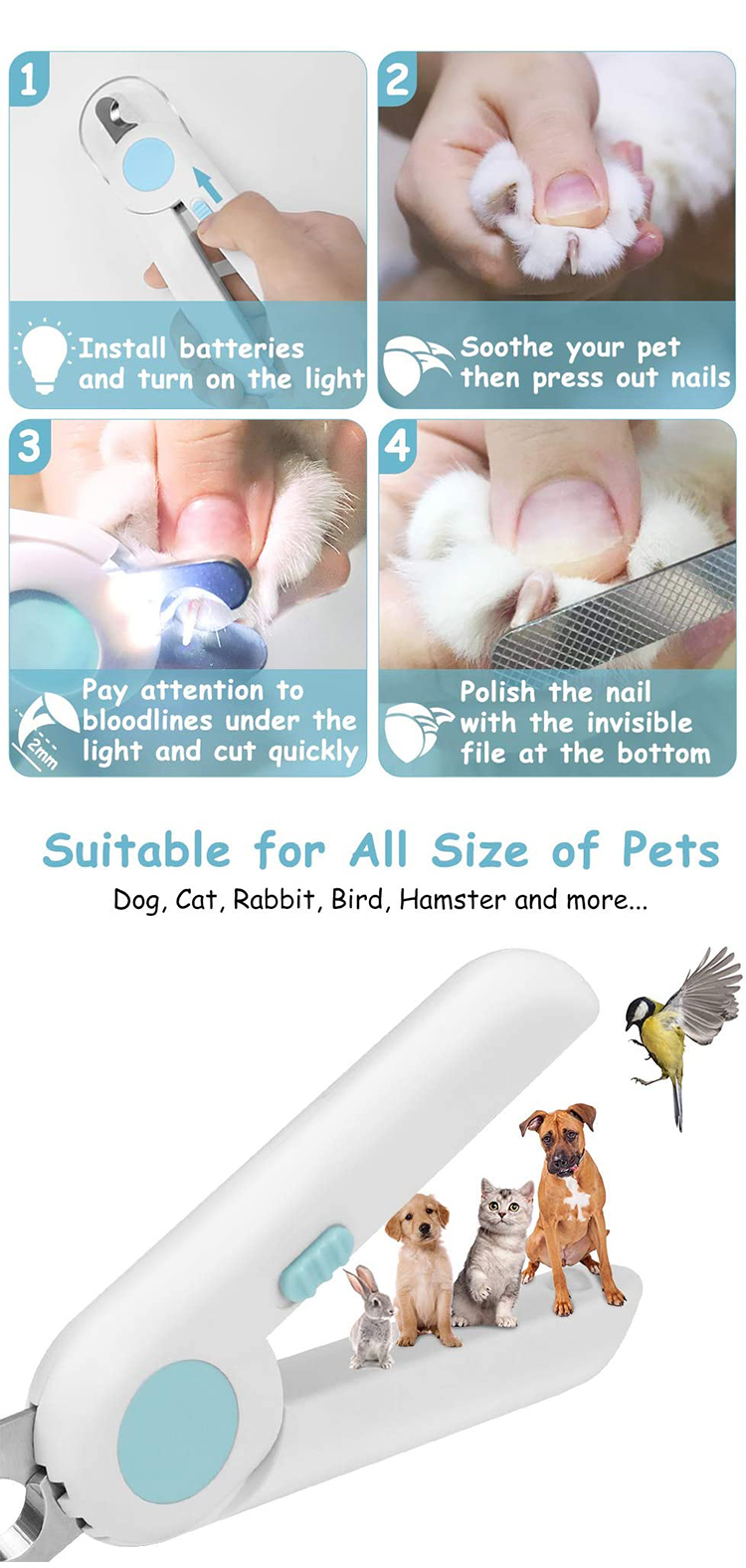 Hot Selling Pet Cat Paw Care Dog Nail Clippers With LED Light