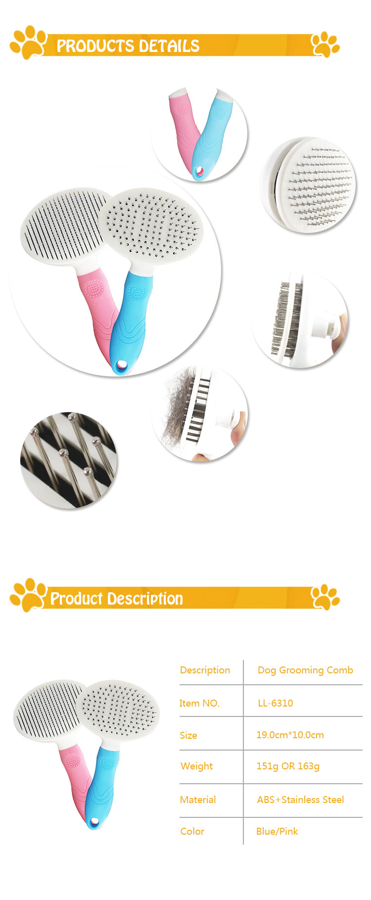 Wholesale Stainless Steel Self-cleaning Dog Grooming Comb Massage Brush