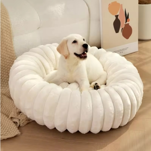 ROADREIGN -Round Plush Pet Bed, High-Density Polypropylene, Striped Design, Warm Winter Dog Bed for Extra Small to Large Dogs, Cozy Round Cat Nest, Non-Assembled 1