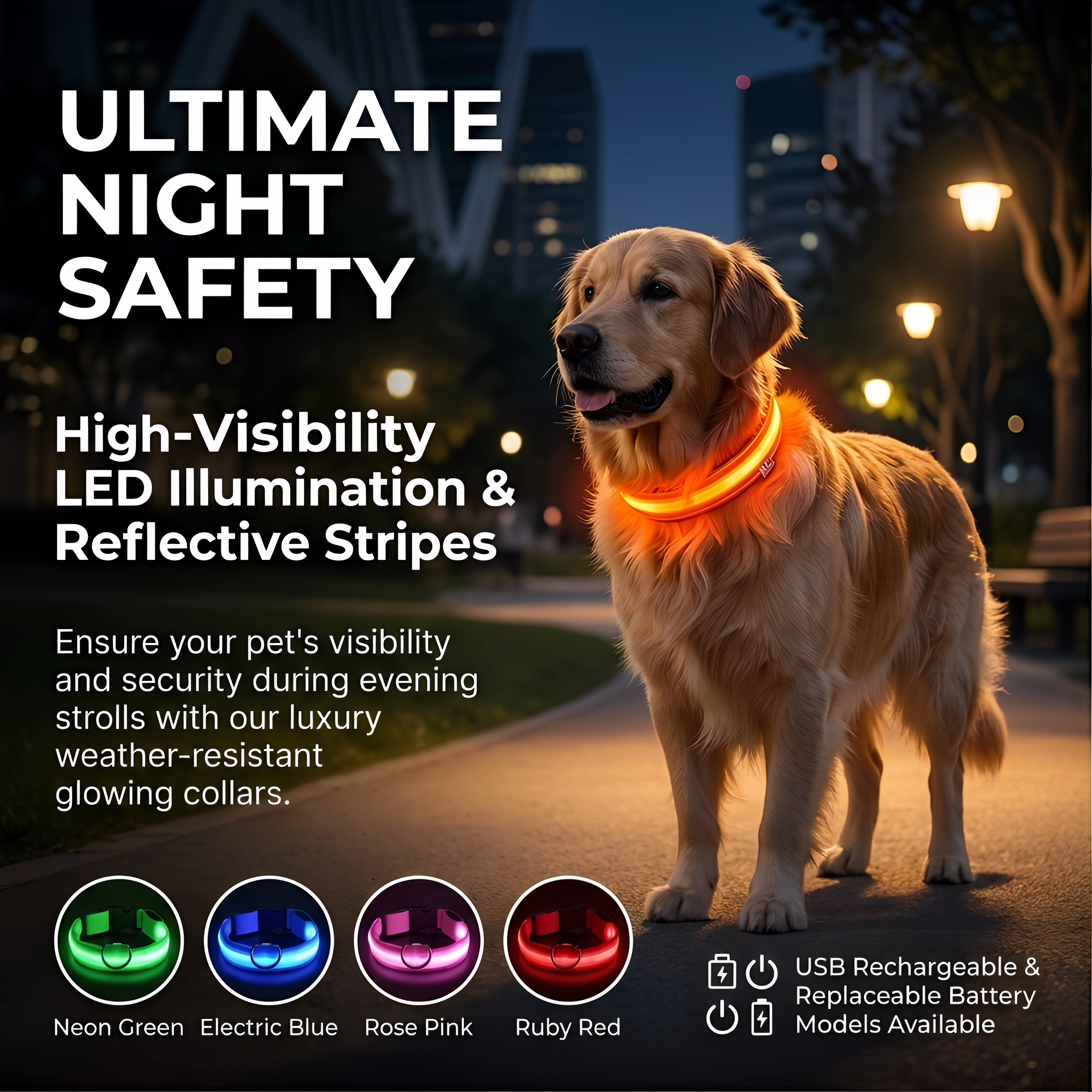ROADREIGN - Elite Glow LED Dog Collar - Reflective, Waterproof & Fully Adjustable Night Light 1