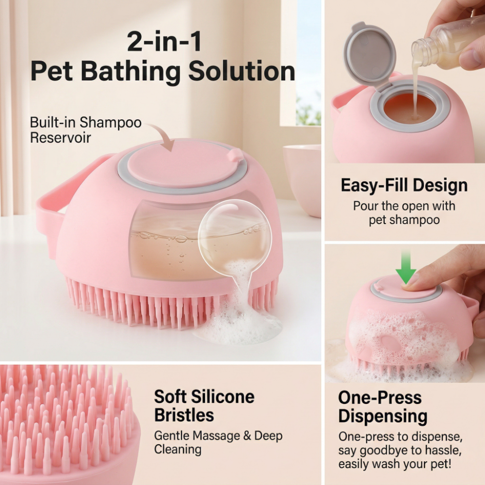 Cepillo de baño Roadreign para perros y gatos, dispensador de champú de silicona suave, cepillo de masaje para el aseo. 5