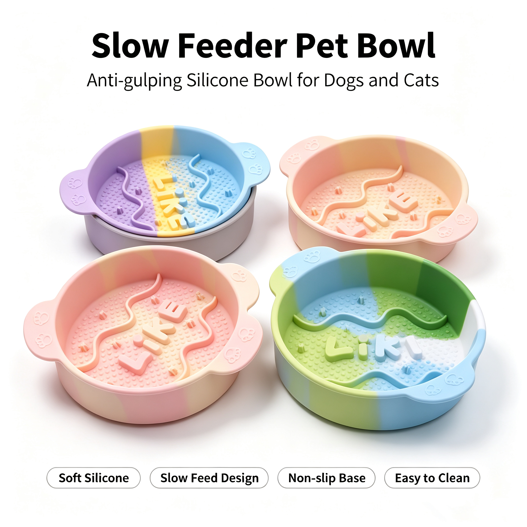 ROADREIGN - Gamelle anti-glouton en silicone pastel dégradé | Plateau antidérapant anti-glouton pour petits chiens et chats d'intérieur 1