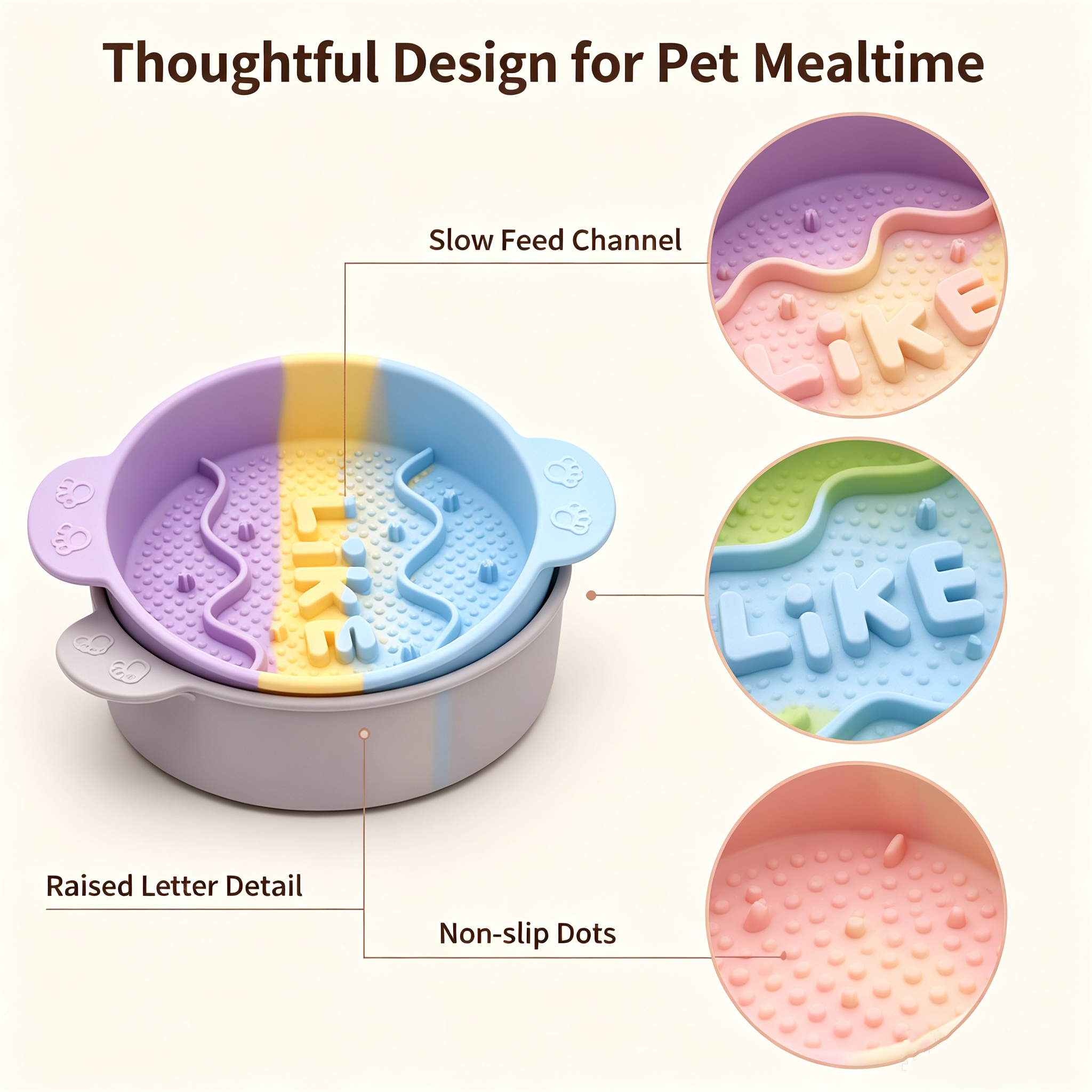 ROADREIGN - Gamelle anti-glouton en silicone pastel dégradé | Plateau antidérapant anti-glouton pour petits chiens et chats d'intérieur 3