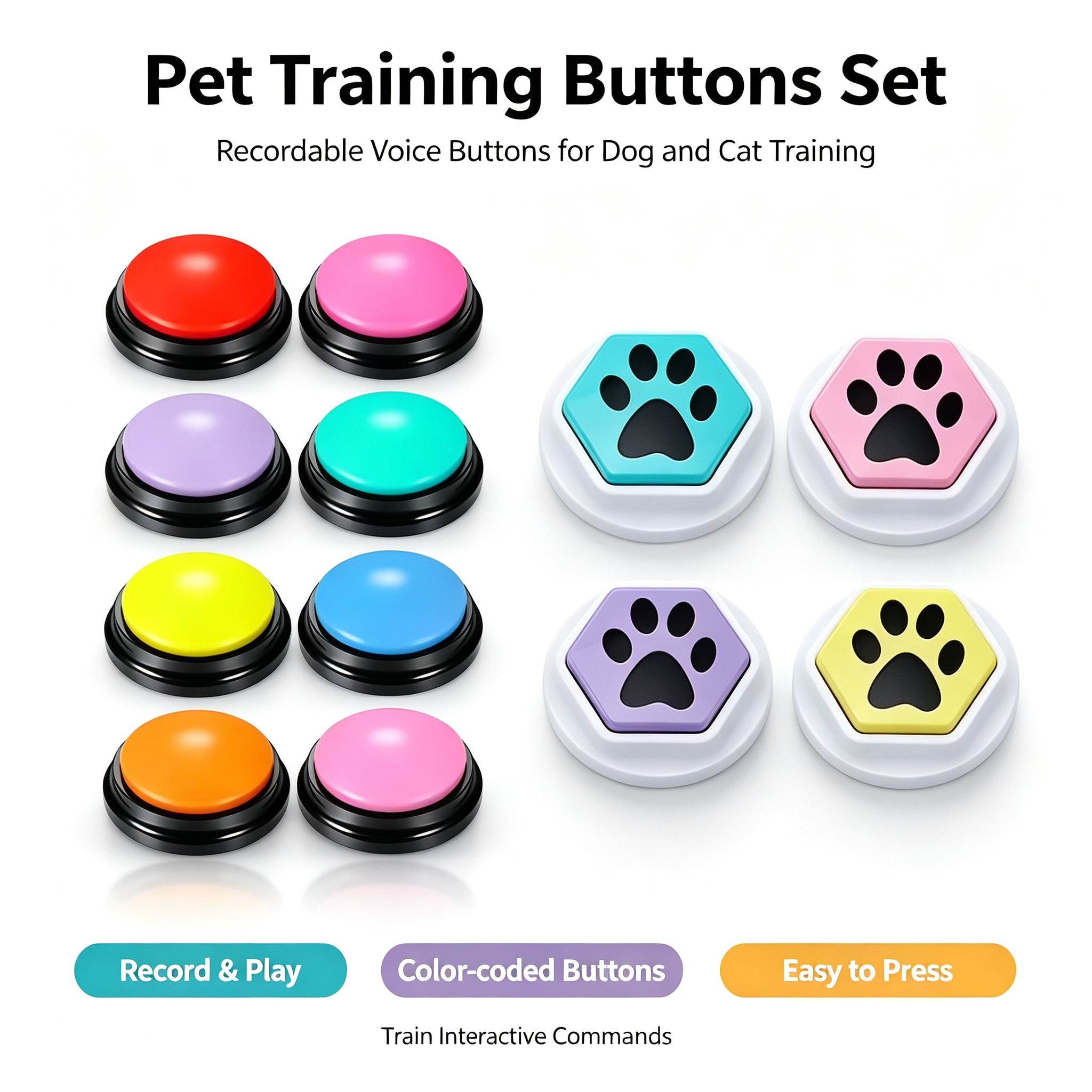 ROADREIGN-Recordable Voice Pet Training Buttons Set | Color Coded Talking Buzzers Easy Press Interactive Communication Toy for Dogs & Cats 1