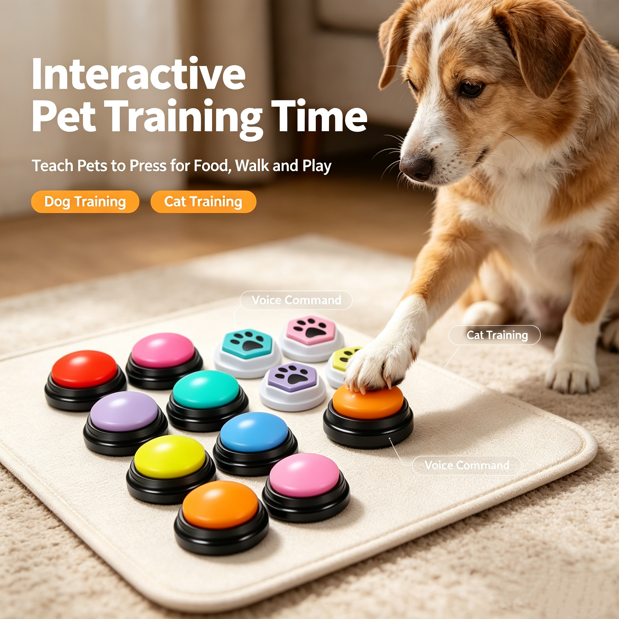 ROADREIGN-Recordable Voice Pet Training Buttons Set | Color Coded Talking Buzzers Easy Press Interactive Communication Toy for Dogs & Cats 3