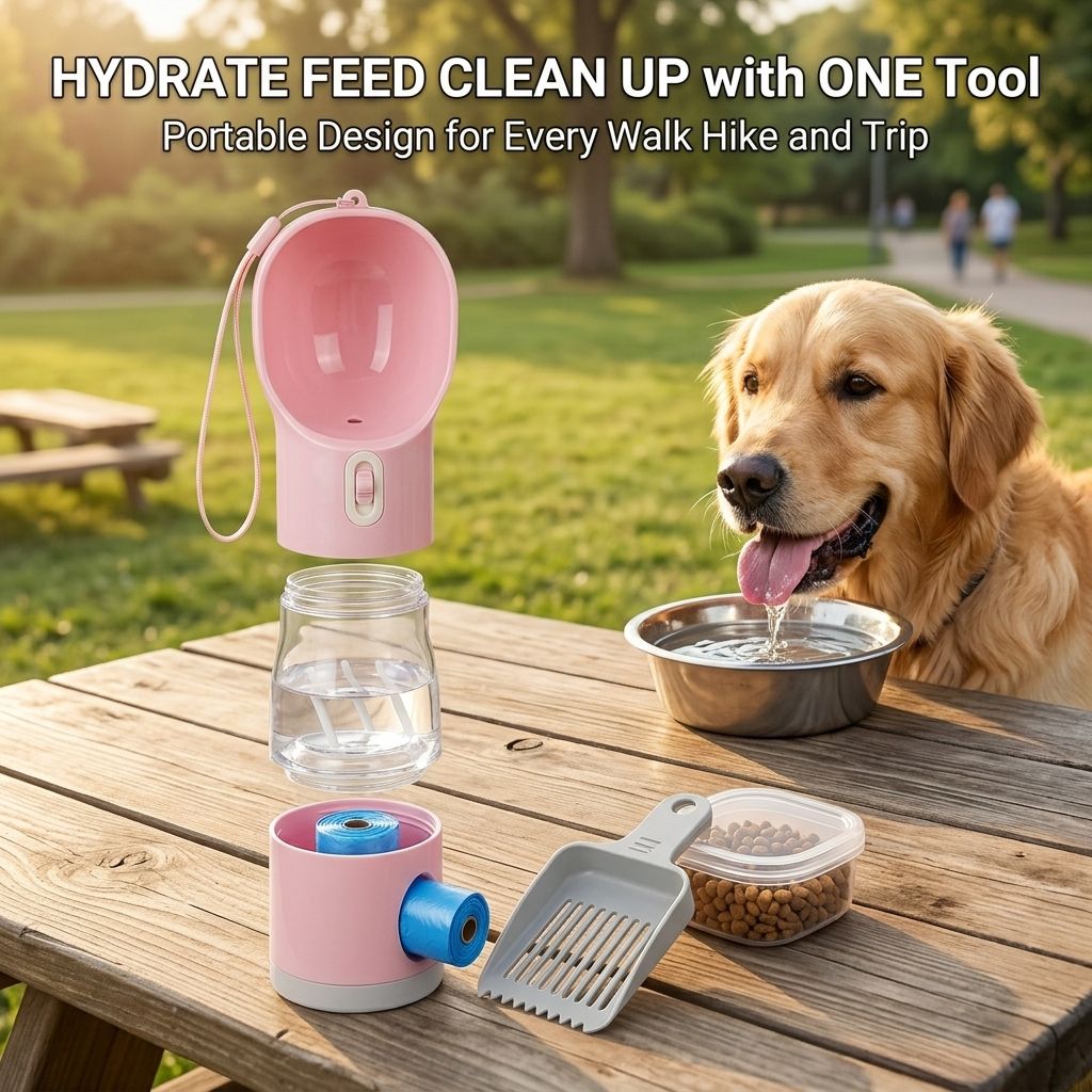 Roadreign 4-in-1 draagbare waterfles voor honden met voerbak en poepschepje | Lekvrije reisdrinkfles voor honden en katten 6