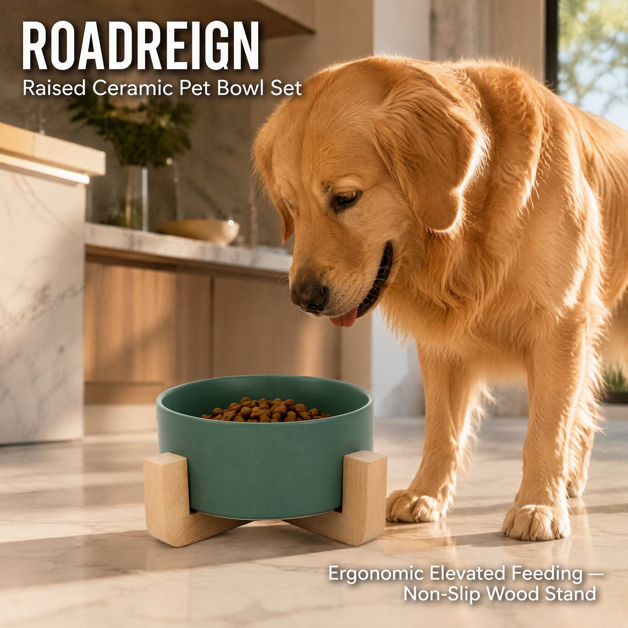 ROADREIGN - Verhoogde voer- en waterbak voor huisdieren, keramische hondenvoerbakset met antislip houten standaard. 1