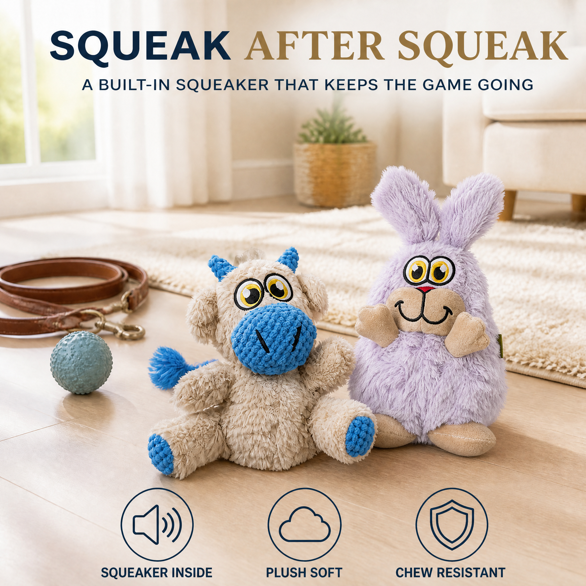 ROADREIGN™ Peluches con sonido para perros: juguetes masticables y para tirar con forma de animales de dibujos animados, con chirriador incorporado, cuerpo de vellón de conejo de doble textura y hocicos y patas resistentes tejidos, relleno de algodón PP elástico y costuras reforzadas. 2