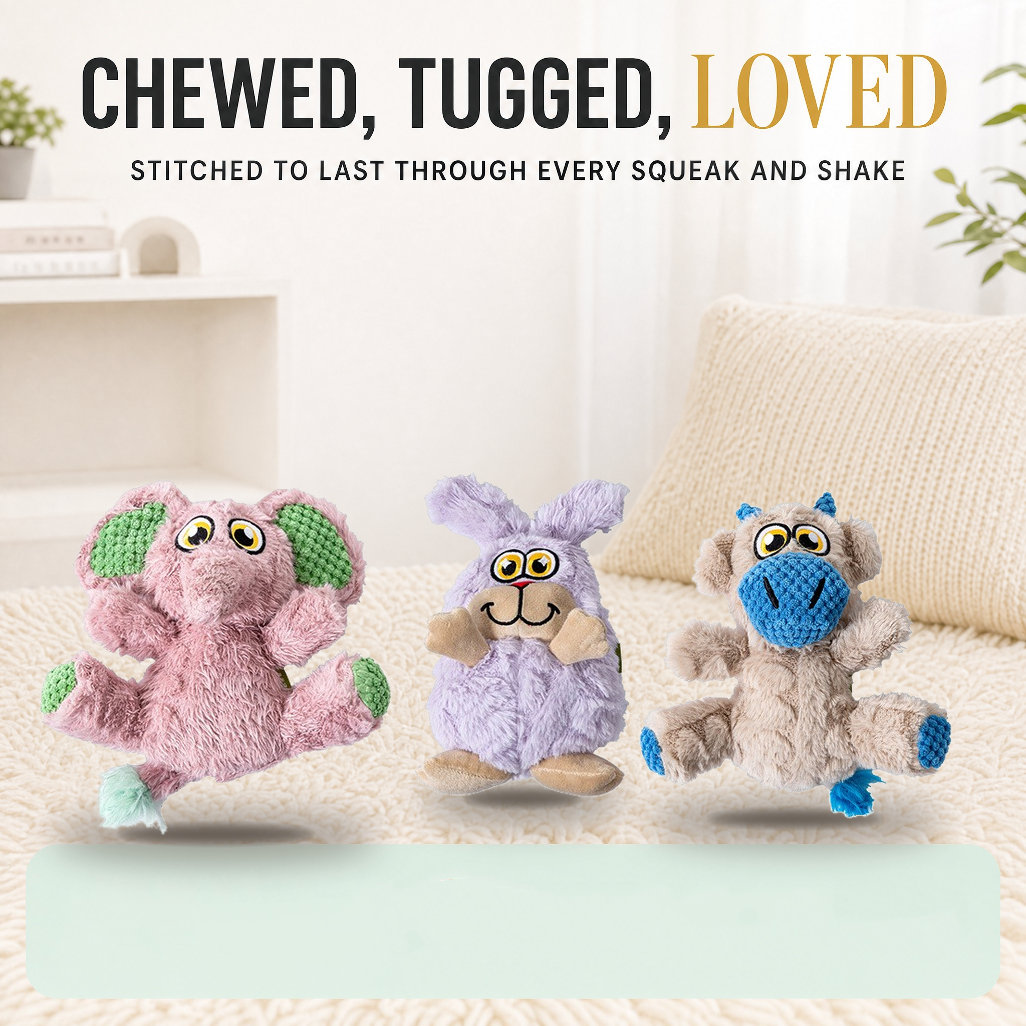 ROADREIGN™ Peluches con sonido para perros: juguetes masticables y para tirar con forma de animales de dibujos animados, con chirriador incorporado, cuerpo de vellón de conejo de doble textura y hocicos y patas resistentes tejidos, relleno de algodón PP elástico y costuras reforzadas. 6