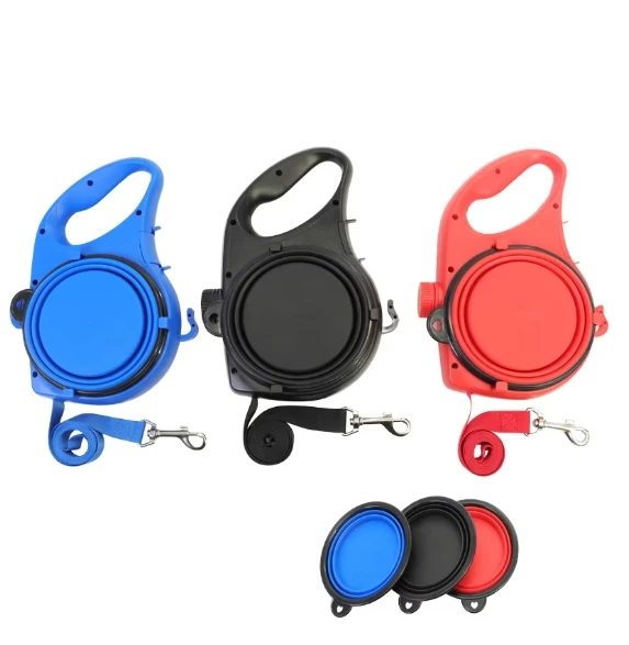 ROADREIGN 3-in-1 Retractable Dog Leash with Water Bowl and Bag Dispenser — Nylon Tape, Swivel Hook, Collapsible Bowl, Black / Blue / Red 1