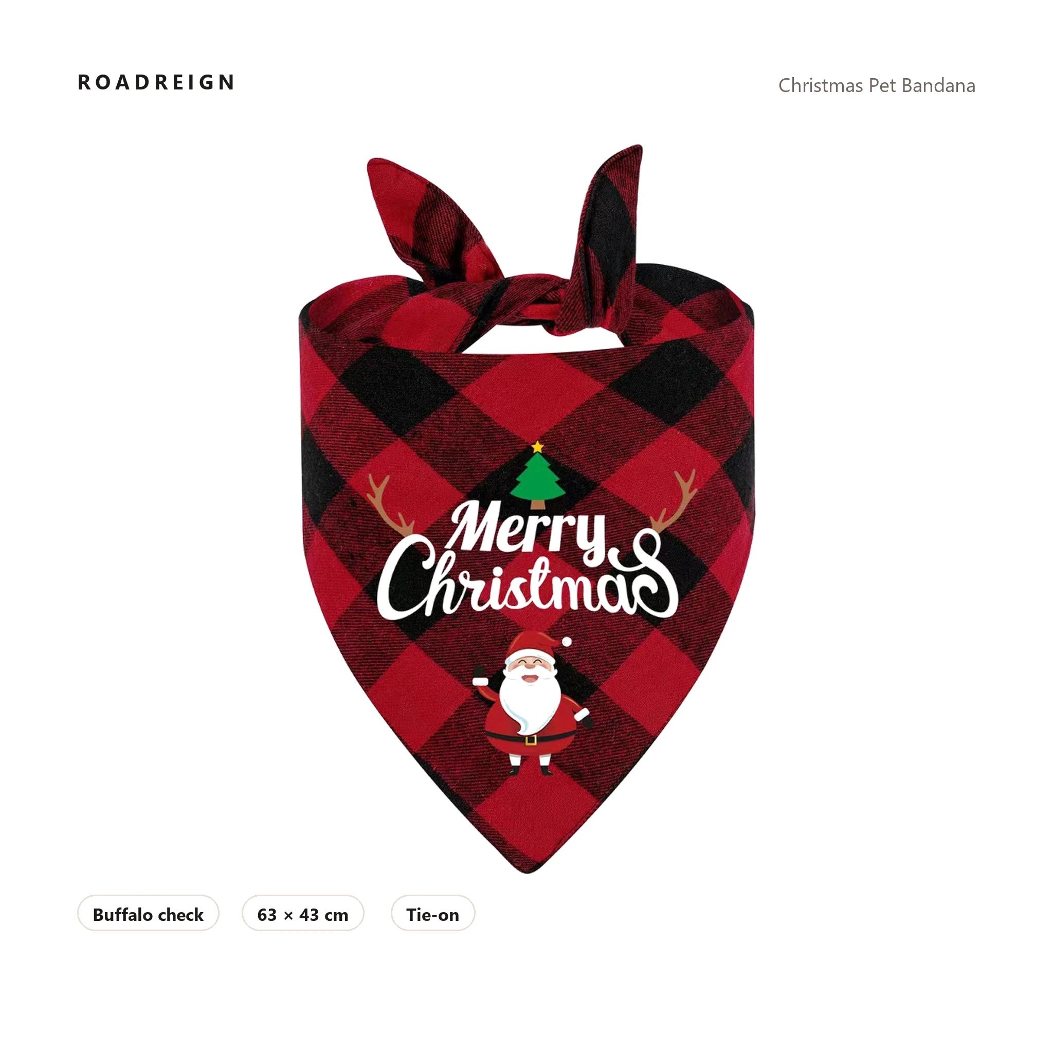 ROADREIGN Christmas Bandana — Buffalo Check Pet Scarf, Tie-On 1