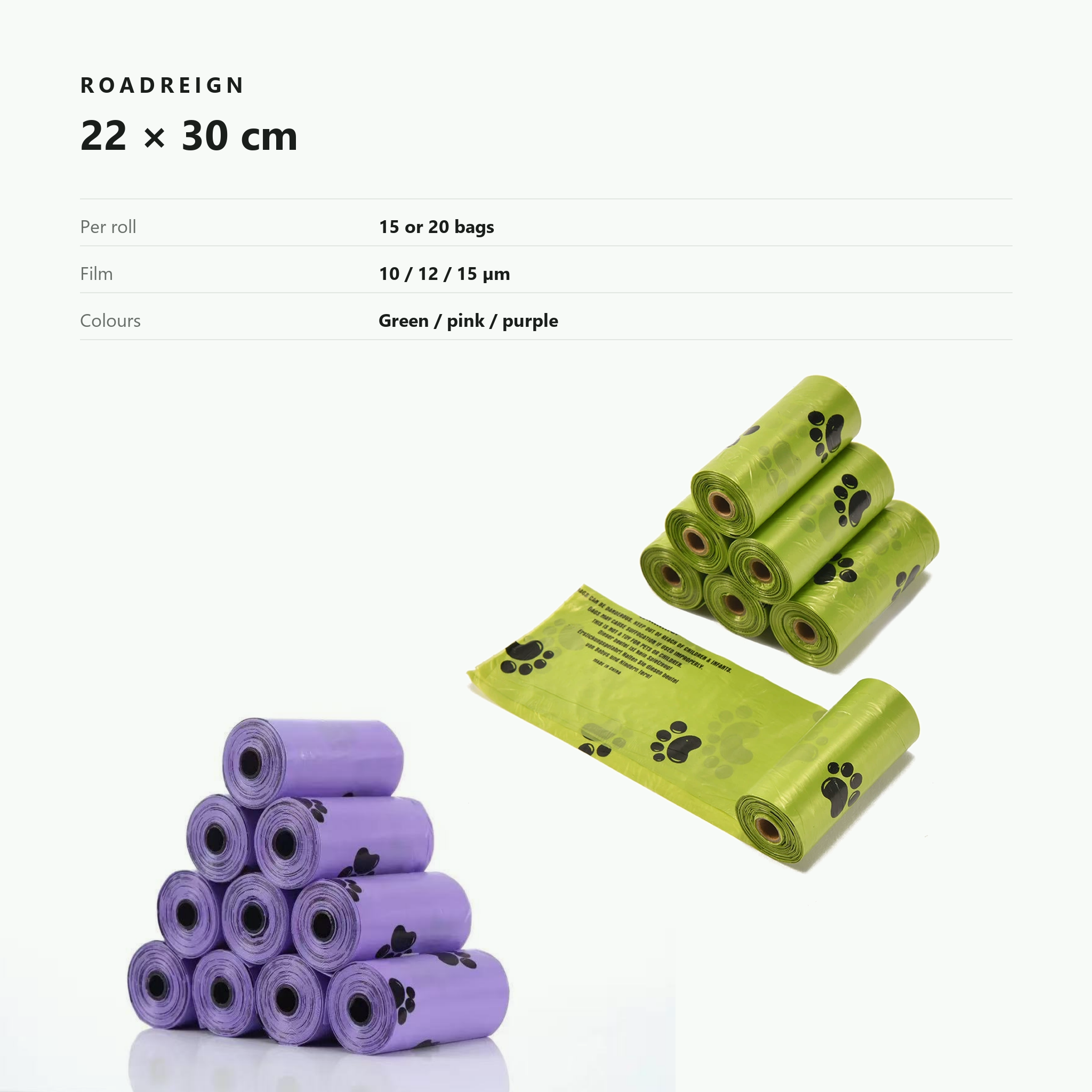 Sacs à déjections canines ROADREIGN — Rouleaux de 22 × 30 cm, 15 ou 20 sacs par rouleau 6