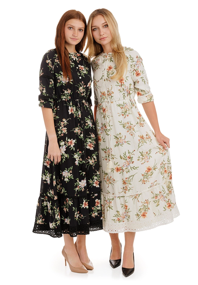 Women's Lace-Trimmed Floral Dress With Drawstring Belt 1